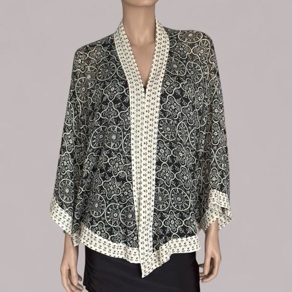 Coldwater Creek Size XL Kimono Black Cream Cardigan Geometric Floral Sheer Cape - Picture 2 of 9